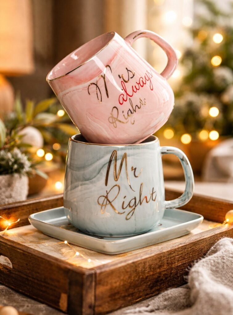 Elegant Mr and Mrs marble coffee mug set